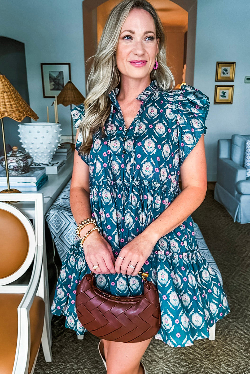 Robe bleu imprimé floral rétro col tunisien manches courtes à volants
