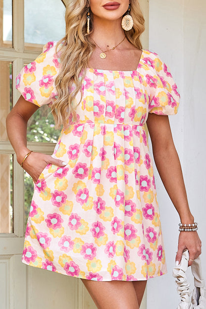 Rose Vibrant Floral Square Neck Puff Sleeve Pleated Flared Mini Dress
