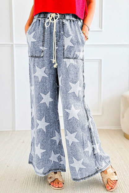 Jean large bleu clair à motif étoile délavé avec cordon de serrage et taille élastique