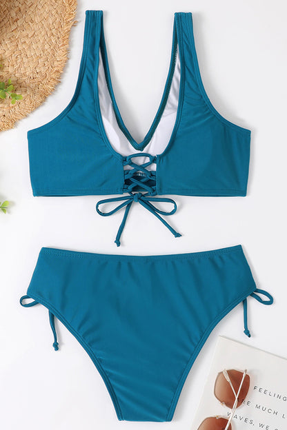 Ruched Lace-Up Wide Strap Two-Piece Bikini Set