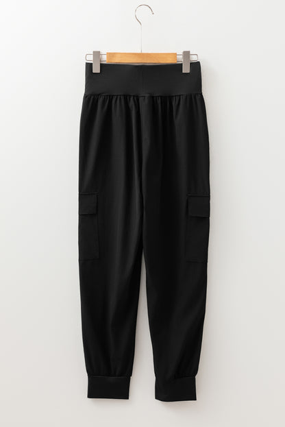 Black Elastic High Waist Pocketed Cargo Jogger Pants