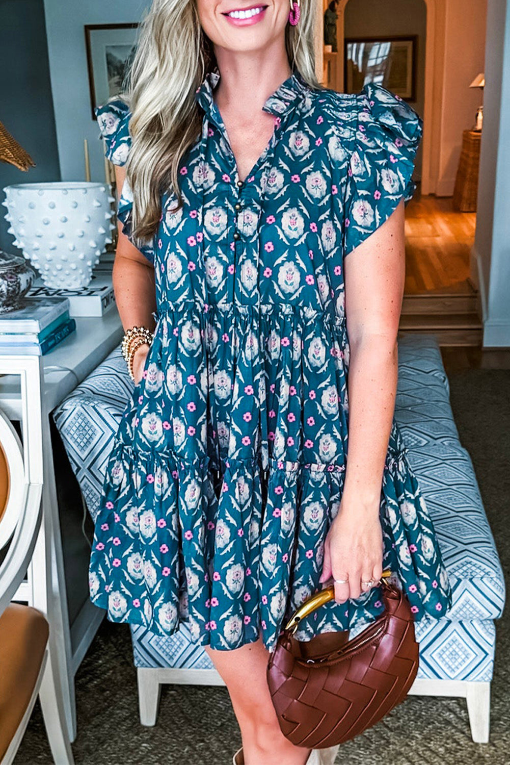 Robe bleu imprimé floral rétro col tunisien manches courtes à volants