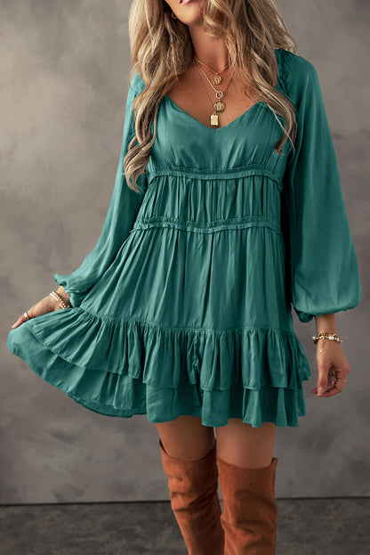 Robe Courte Évasée et Ample Manches Bouffantes à Volants Étagés Vert Brume