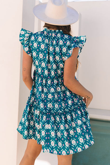 Robe bleu imprimé floral rétro col tunisien manches courtes à volants