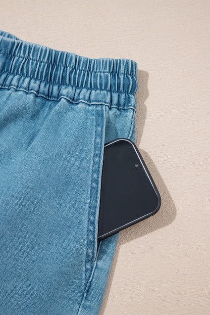 Beau Blue Contrast Drawstring Elastic Waistband Denim Shorts