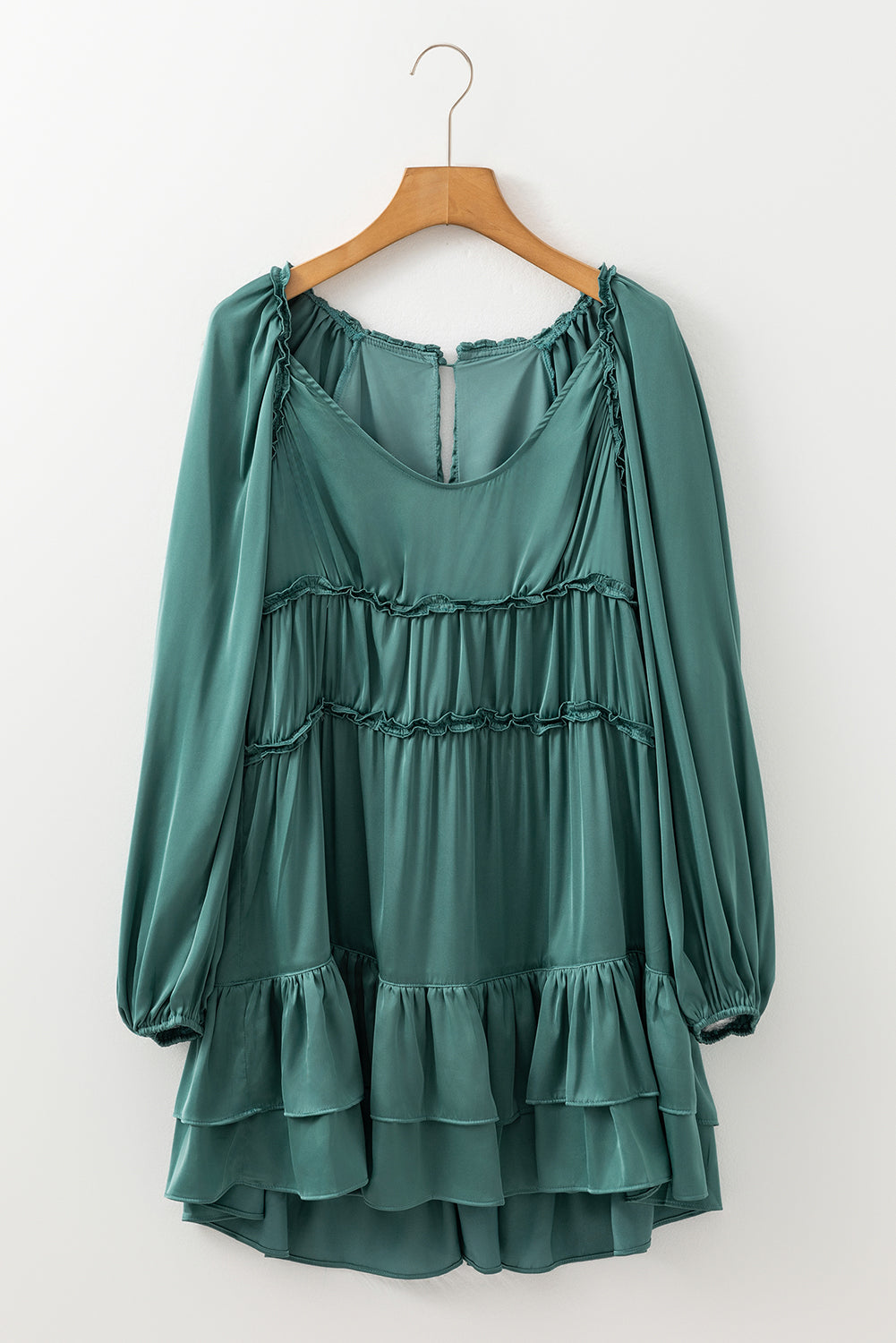 Robe Courte Évasée et Ample Manches Bouffantes à Volants Étagés Vert Brume