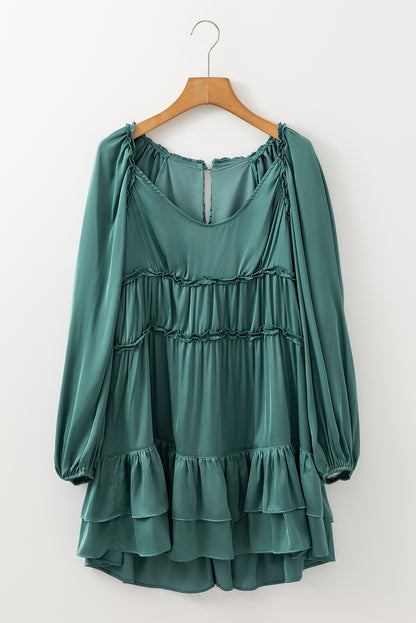 Robe Courte Évasée et Ample Manches Bouffantes à Volants Étagés Vert Brume