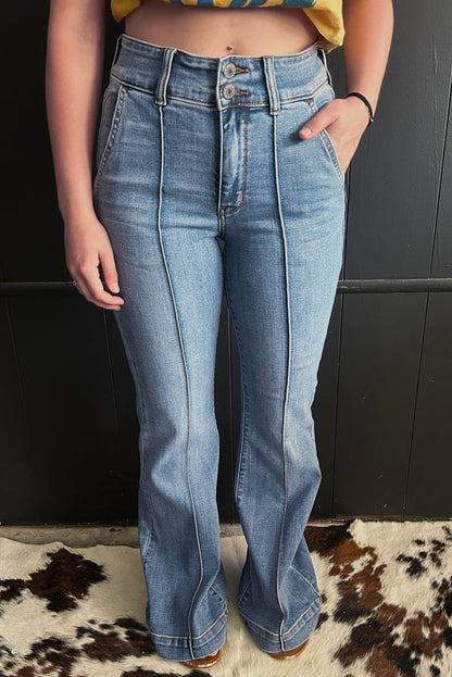 Jean bootcut taille haute bleu crépuscule à 2 boutons et liseré