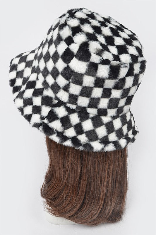 Checker Print Faux Fur Bucket Hat