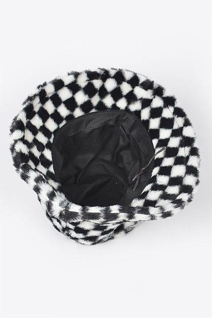 Checker Print Faux Fur Bucket Hat