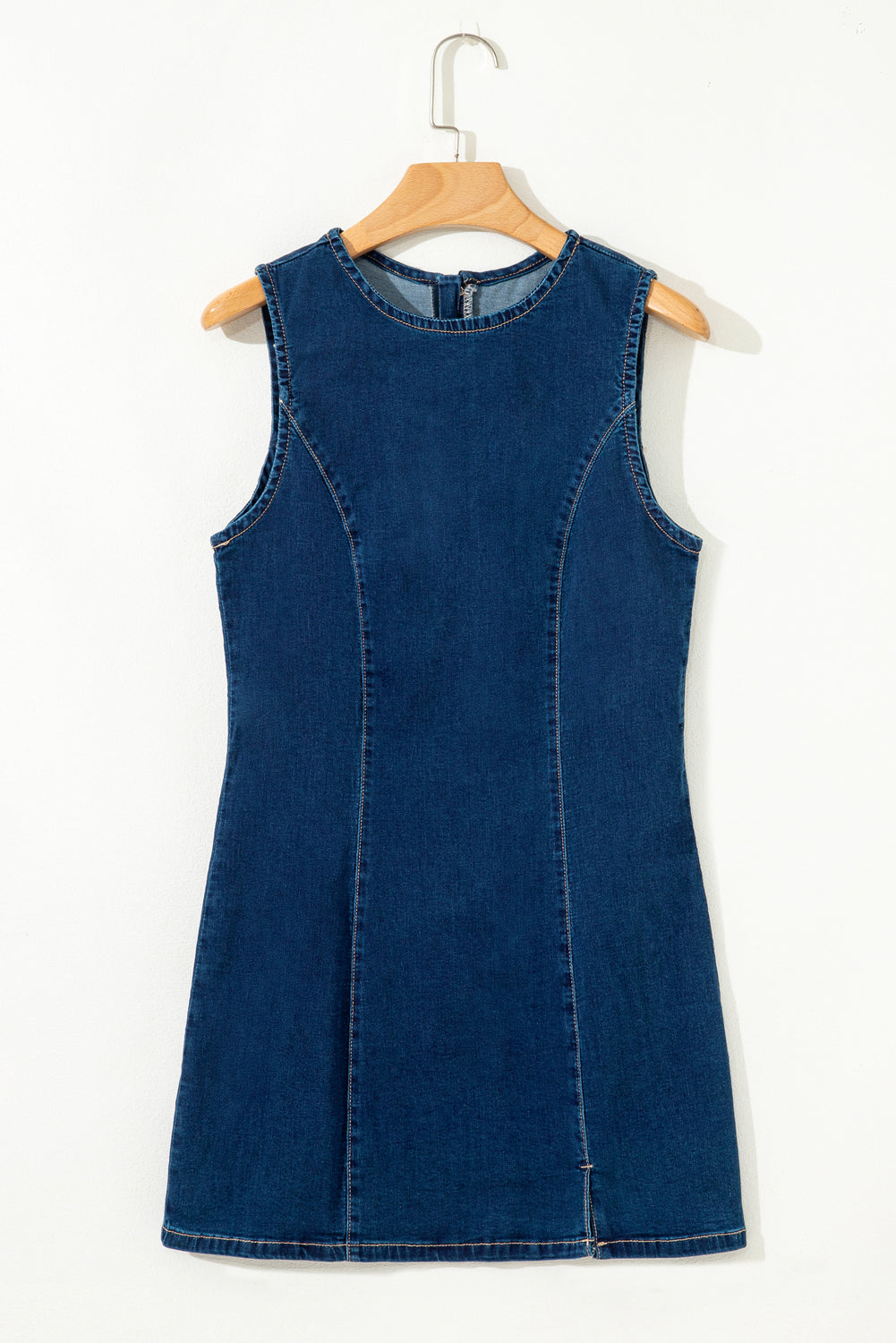 Robe courte moulante en jean sans manches zippée bleu délavé