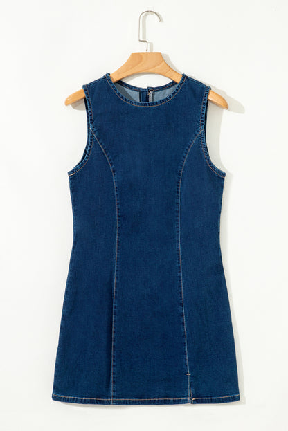 Robe courte moulante en jean sans manches zippée bleu délavé