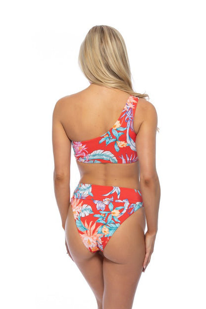 RED TROPICAL RING ACCENT ONE SHOULDER BIKINI SET