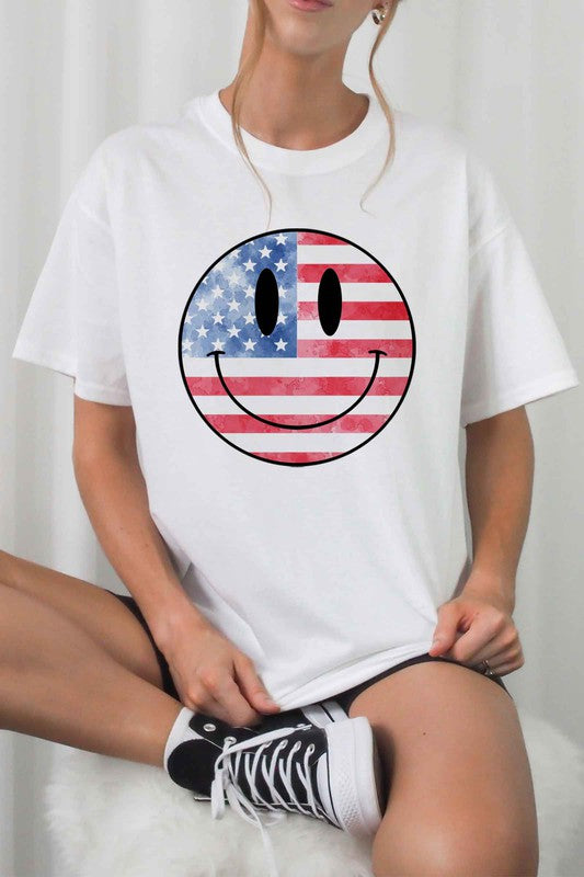 USA AMERICA SMILEY OVERSIZED GRAPHIC TEE / T-SHIRT