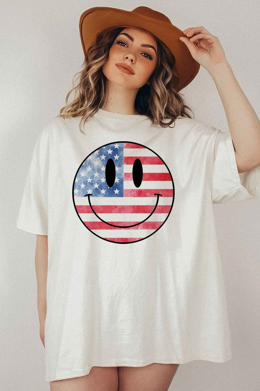 USA AMERICA SMILEY OVERSIZED GRAPHIC TEE / T-SHIRT