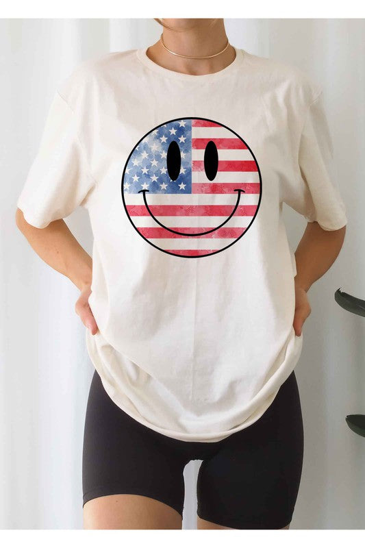 USA AMERICA SMILEY OVERSIZED GRAPHIC TEE / T-SHIRT