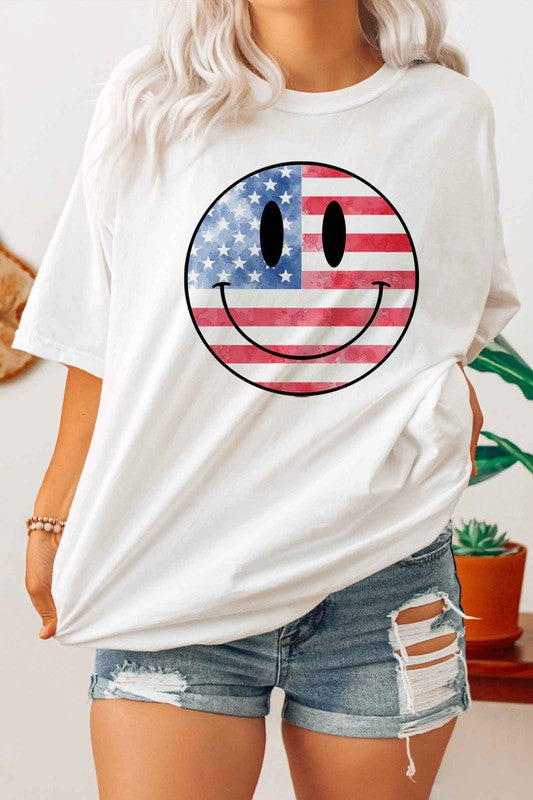 USA AMERICA SMILEY OVERSIZED GRAPHIC TEE / T-SHIRT