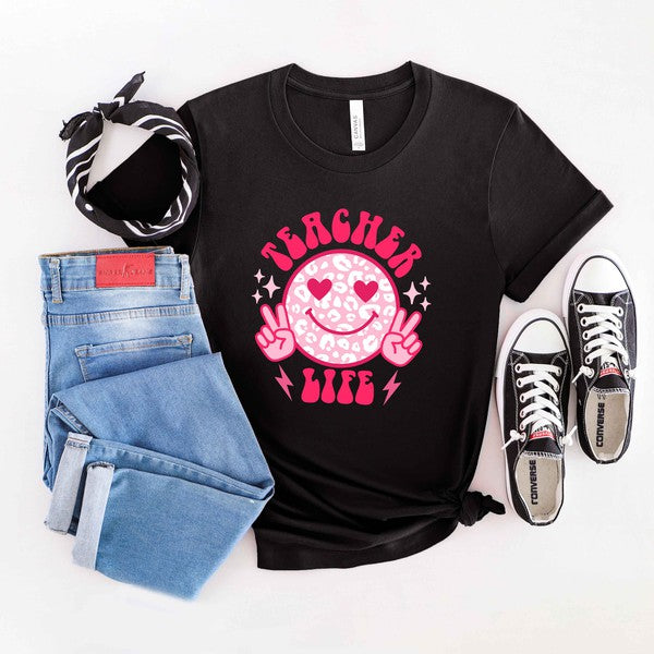 Teacher Life Leopard Smiley Face Short Sleeve Tee