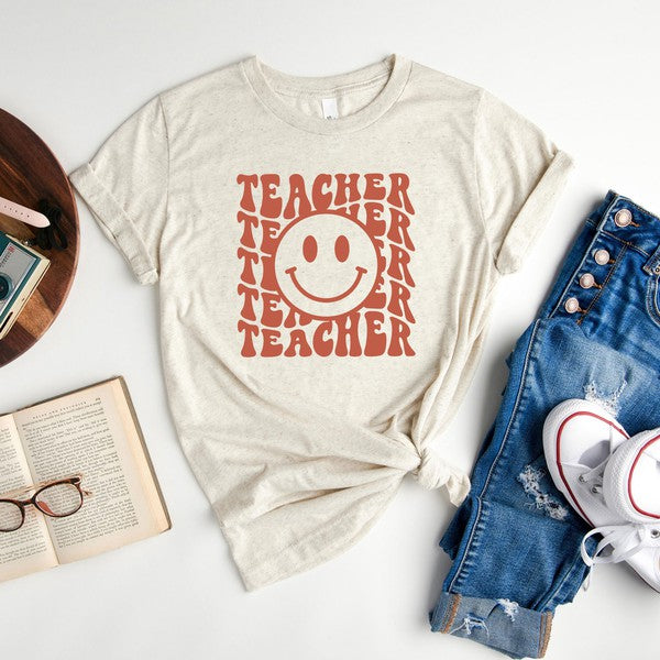 Teacher Smiley Face Wavy Short Sleeve Graphic Tee