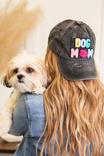 Dog Mom Chenille Patch Distressed Hat Cap