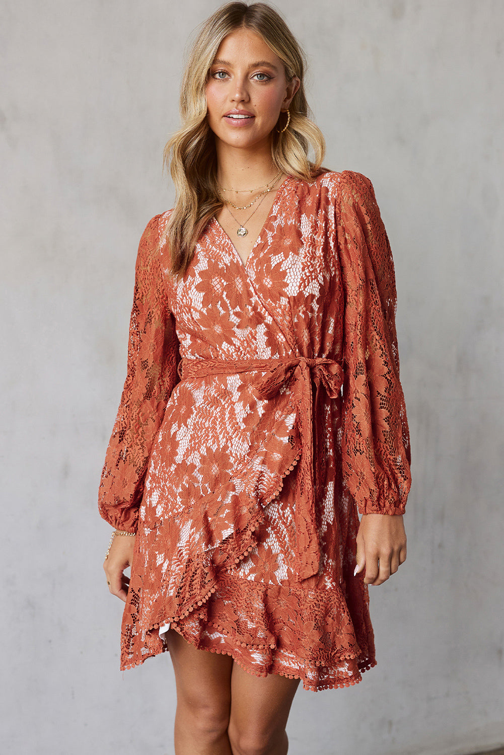 Pompom Trim Puff Sleeve Belted Lace Dress