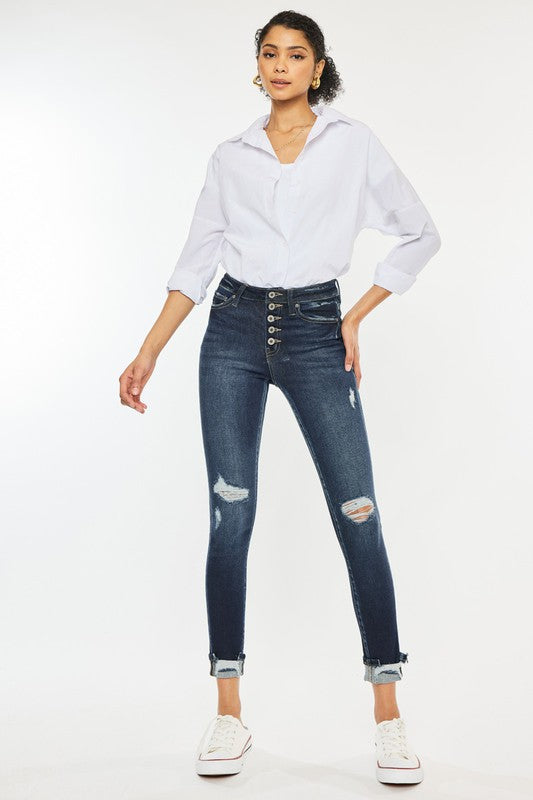 High Rise Button Down Cuffed Ankle Skinny Jeans