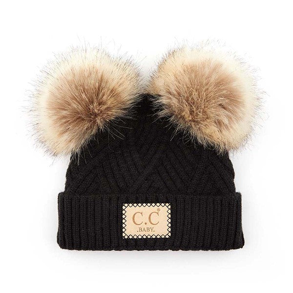 CC Baby Double Pom Criss-Cross Pattern Beanie