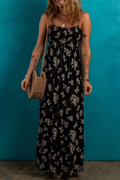 Black Floral Spaghetti Strap Shirred Bodice Tied Empire Waist Maxi Dress