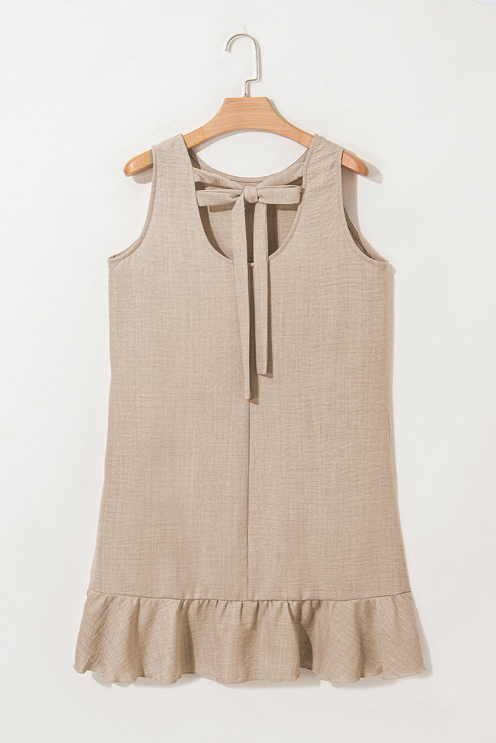 Robe Courte Sans Manches Gris Fumé à Nœud, Dos Rond Échancré et Volants à l'Ourlet