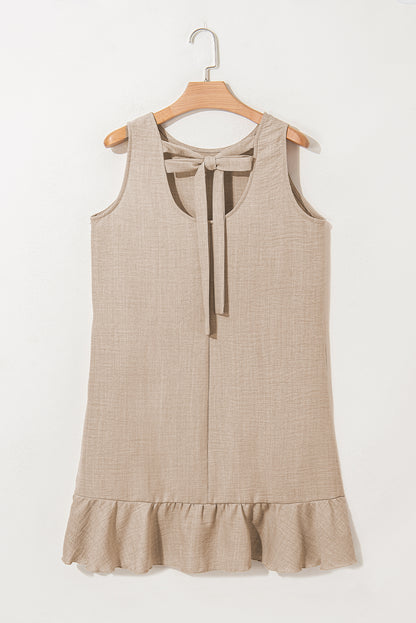 Robe Courte Sans Manches Gris Fumé à Nœud, Dos Rond Échancré et Volants à l'Ourlet