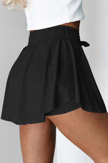 Black Drawstring Elastic Waistband Lined Tennis Skorts