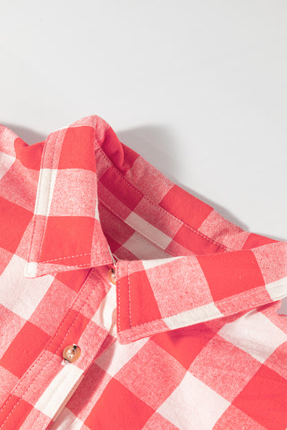 Robe chemise oversize rose à carreaux avec manches bouffantes et ourlet arrondi