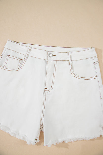 White Raw Hem High Waist Denim Shorts