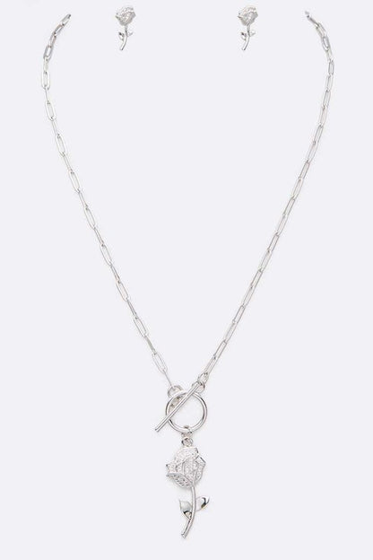 Cubic Zirconia Rose Pendant Necklace Set