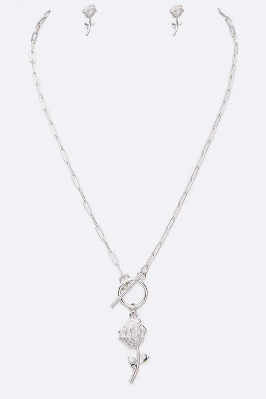 Cubic Zirconia Rose Pendant Necklace Set