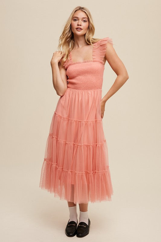 Smocked Ruffle Tiered Mesh Midi Dress