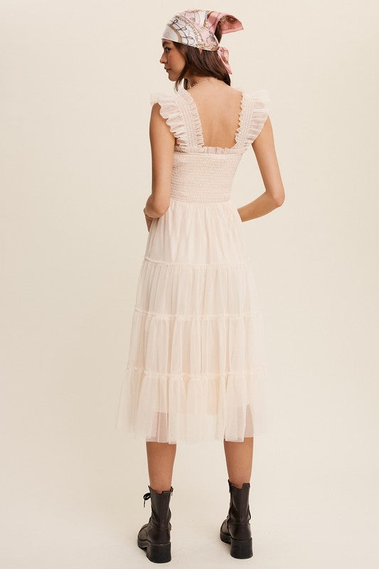 Smocked Ruffle Tiered Mesh Midi Dress