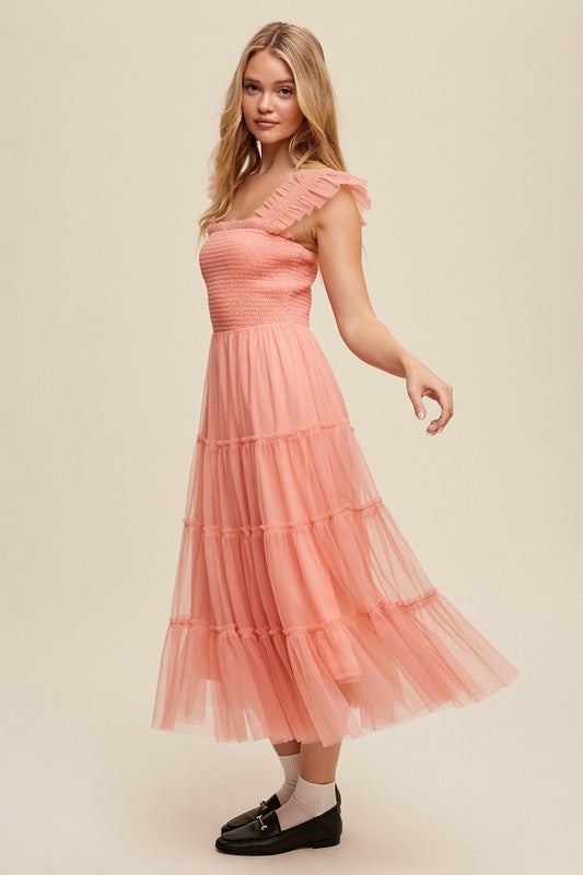 Smocked Ruffle Tiered Mesh Midi Dress