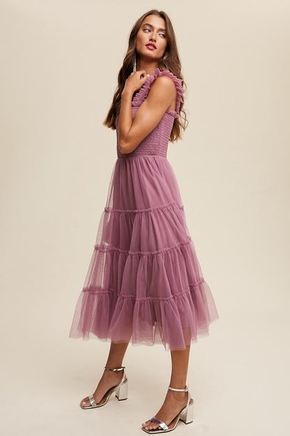 Smocked Ruffle Tiered Mesh Midi Dress