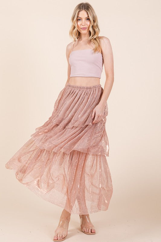 Elastic Waisted Embossed Mesh Tiered Ruffle Skirt