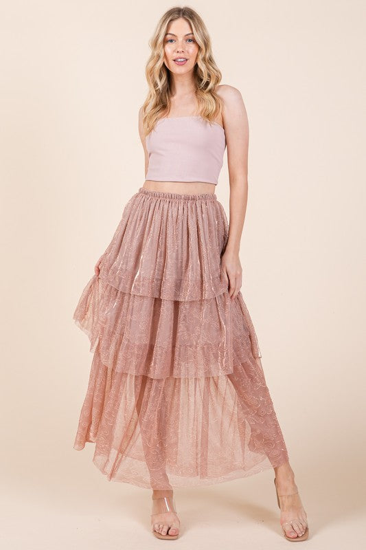 Elastic Waisted Embossed Mesh Tiered Ruffle Skirt