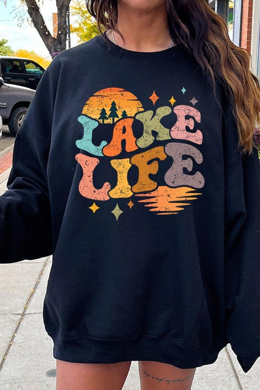 Retro Lake Life Graphic Fleece Sweatshirts