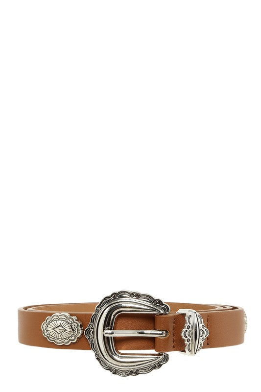 Etched Buckle Faux Leather Belt