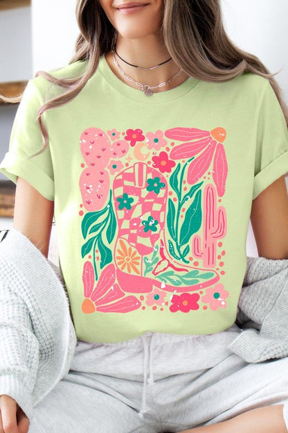 Boho Cowgirl Boot Floral Graphic T Shirts