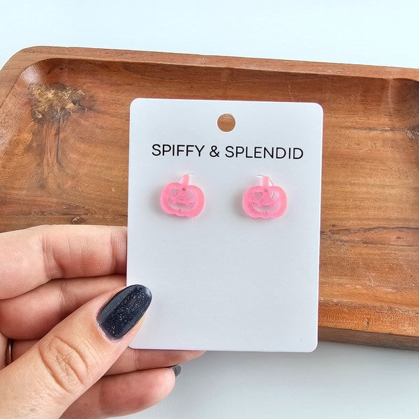 Jack O Lantern Pumpkin Studs - Pink Glitter