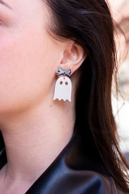 Bow Ghost Earrings - White Glitter