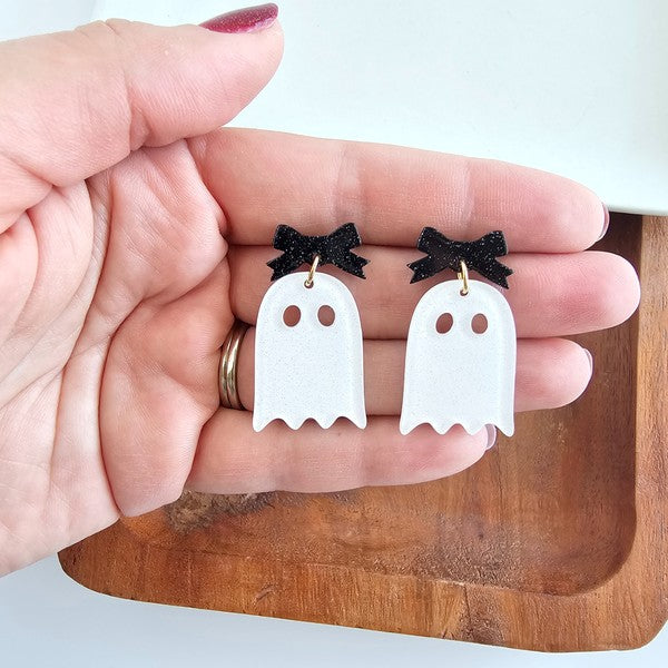 Bow Ghost Earrings - White Glitter