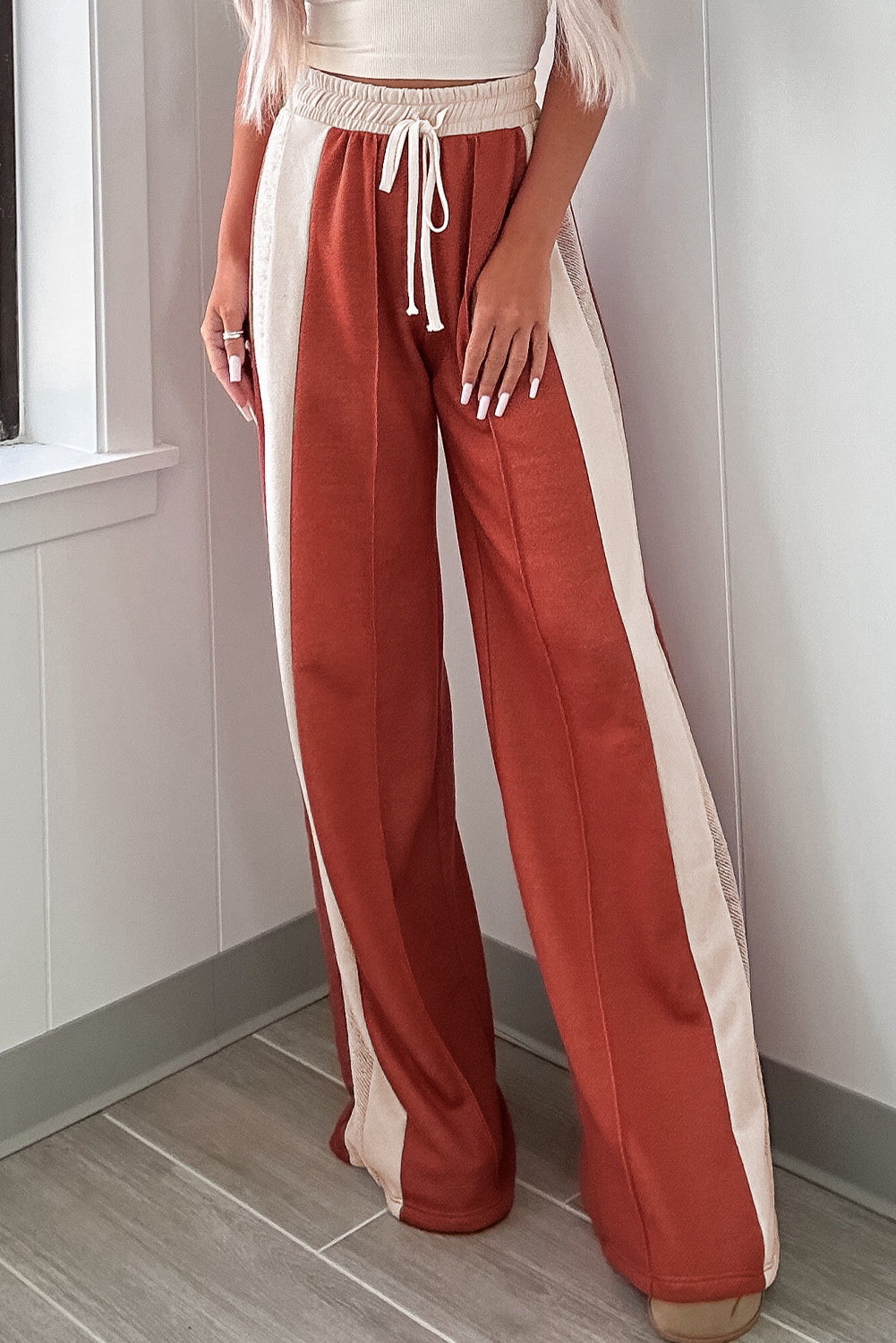 Pantalon ample taille haute avec cordon de serrage, color-block Flamingo