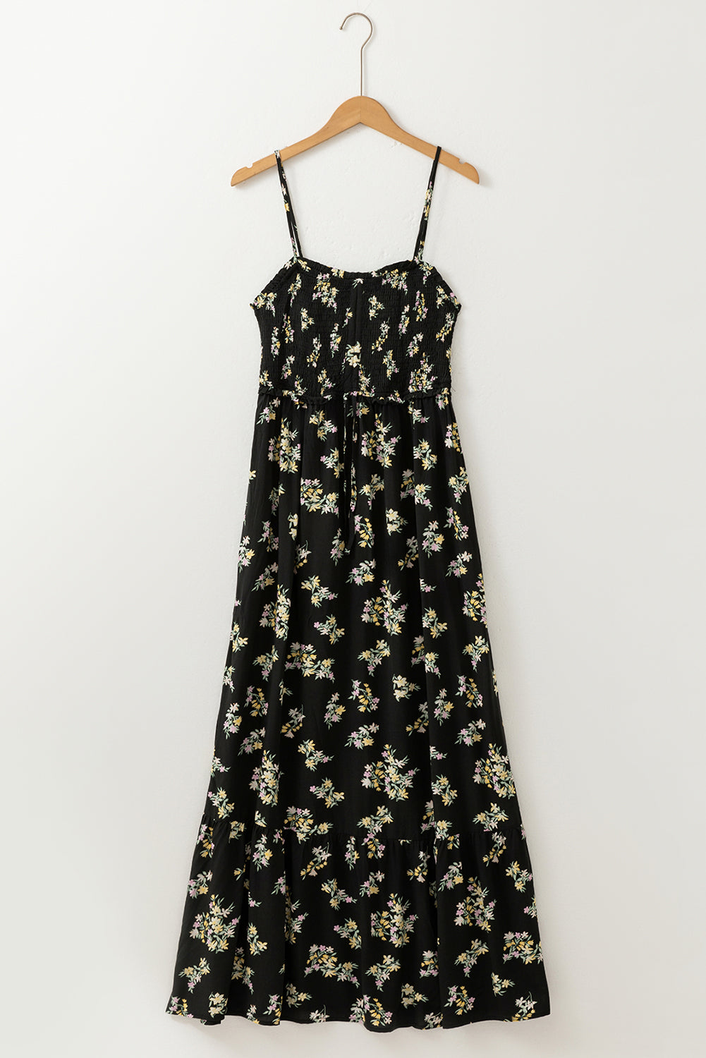 Black Floral Spaghetti Strap Shirred Bodice Tied Empire Waist Maxi Dress