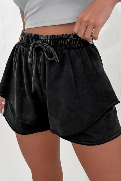 Black Mineral Wash French Terry Drawstring Elastic Waistband Casual Shorts